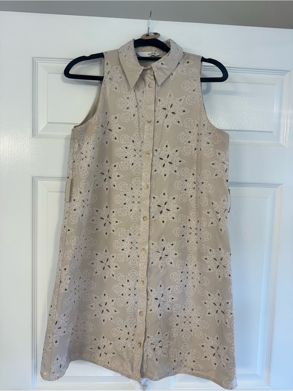 Zara Beige Eyelet Collared Sleeveless Shirt Dress